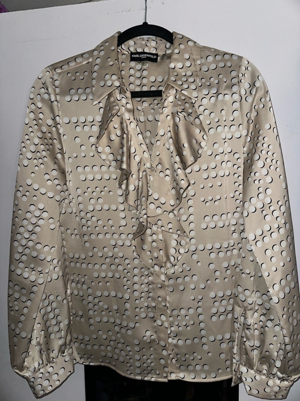 Karl Lagerfeld Paris Satin Polka Dot Ruffle Blouse